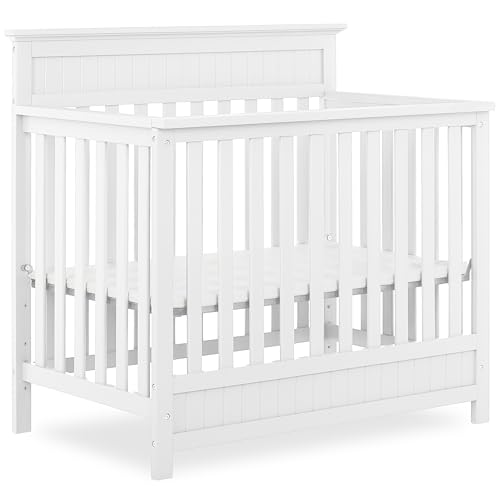 Dream On Me Harbor 4‑in‑1 Convertible Mini Full‑Panel Design Baby Crib in White, GreenGuard Gold & JPMA, Non-Toxic, Pinewood, Converts to Mini & Twin Bed, 1″ Mattress Pad, Best for Small Nursery