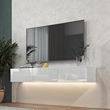 Boloni Floating TV Stand with LED for 60 65 70in TV, Glossy Wall Mounted Modern Entertainment Center with 3 Drawers, White