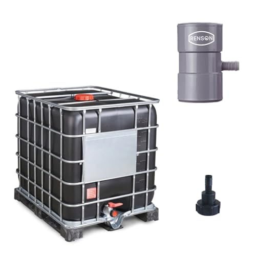 Kit de récupération d'eau de Pluie, avec IBC 1000L, collecteur de gouttière et Adaptateur pour Tuyau d'arrosage, cuve à Eau reconditionnée RENSON