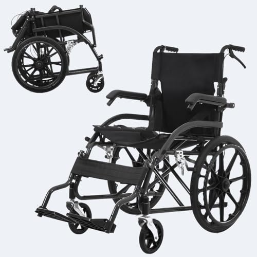Kennkari 車椅子 自走式 折畳み 軽量 介助用 車いす 折りたたみ可能 座面付き 安全ベルトつき 背面ポケット ブレーキ付き ノーパンクタイヤ 外出用 介護 コンパクト 自立できる 耐荷重100kg (ブラック)