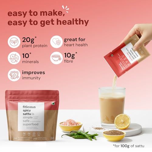 Image of fitlicious Spicy Sattu Powder | Bihari Chana Sattu | Natural & Organic | Gluten-Free, Non-GMO | High Protein & Fiber | Instant PremiX | Healthy Drink For All Ages | Pack Of 10 X 40g Sachets