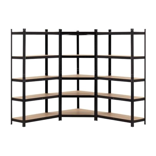 7H SEVEN HOUSE - Pack 2 Estanterías Modulares + 1 Estantería Esquinera, Acero y MDF Antihumedad, Hogar, Trastero, Garaje, Taller, Comercio, 5 Baldas Ajustables, Carga Máx. 875Kg (x3), Color Negro