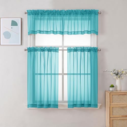 Image of Chyhomenyc Sheer Valances for Windows 2 Pack, Small Window Curtains for Living Room Bathroom Cafe Laundry Basement, Modern Top Dual Rod Pocket Voile Curtain, 42W x 18L inches, Turquoise