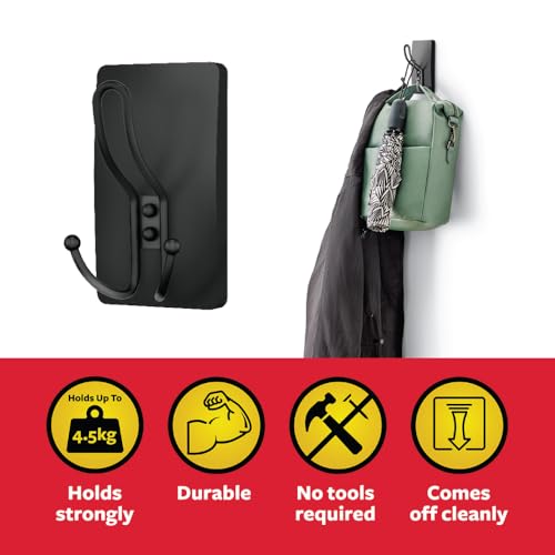 Image of 3M Command XL Matte Black Triple Metal Premium Hook, Holds 4.5 kg, no Paint Damage, Heavy Duty, Holds Strongly, Reusable, Adhesive hooks for wall, Multi-surface, Hanging for Coats, Bags & Accessories (1 Hook, 3 strips)