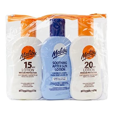 Malibu Sun Travel Essentials with Medium Suncream Protection and Soothing Aftersun Lotion, Water Resistant, SPF 15 and 20, Multipack, 3 x 100ml Cover