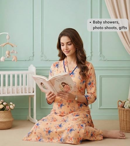 Image of DUMMY SHAPE Maternity Dresses for Women Cotton | Floral Kurta Pant Dupatta Set with Nursing Zippers, Side Pocket | Pre & Post Pregnancy | Feeding Kurti Suit | Baby Shower | Gifts for Pregnant Woman