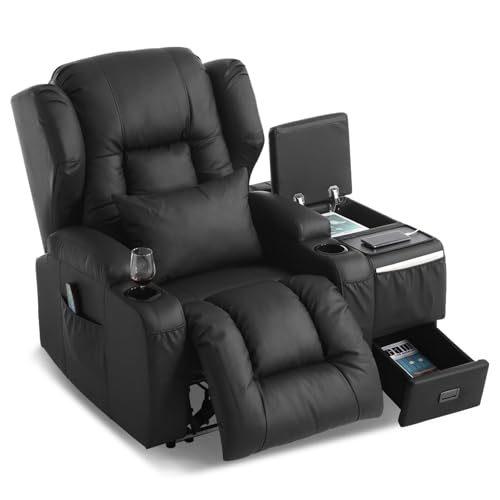 Image of DRMBOOK Power Recliner Chair, Electric Wall Hugger Reclining Sofa with Massage & Heat, Modern Theater Seating with LED Light /USB Port /Cup Holders for Living Room (Leather Black, 1 Chair with Console)