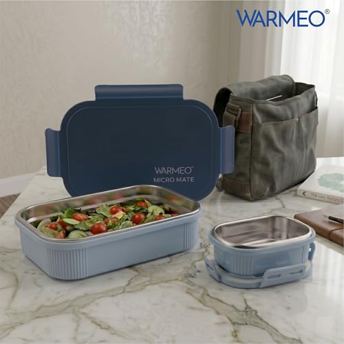 Image of WARMEO MICROMATE Microwave-Safe Stainless Steel Lunch Box, Bpa Free, Perfect for Office, School, Travelling, Combo(800ml+150 ml),Blue