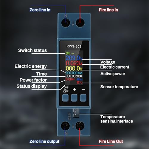 DEWIN Stromzähler Hutschiene, 8-in-1 KWS-303 Voltmeter Wattmeter Ausschalter AC Spannung Strom Leistungsmesser Energie Monitor 40A AC 230V