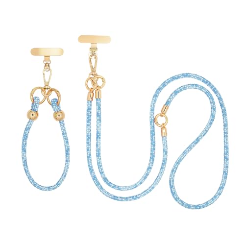 Crystal Phone Strap Crossbody and Wrist Lanyard, Anti Theft Layered & Wrist Strap Cell Phone Neck for Women (Blue)