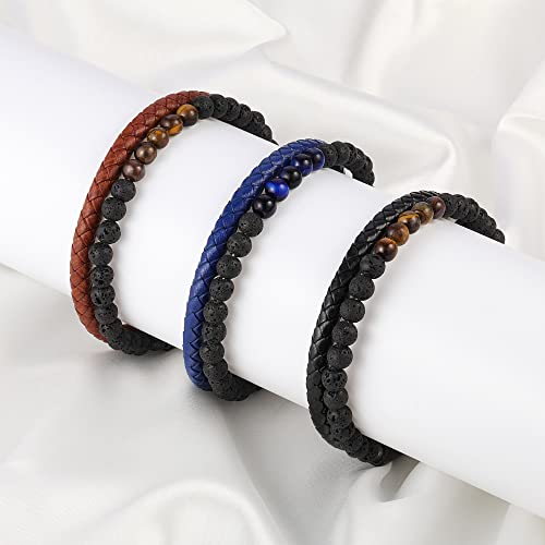 Lava Rock Bracelets For Men, Black Leather Natural Tiger Eye Beaded Bracelets For Men Stress Relief Anxiety Bracelet Healing Tiger Eye Bracelet Mens Leather Beaded Bracelets Jewelry Gifts For Men #TOP6