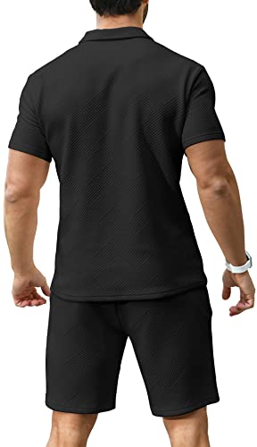 Kuyigo Men's Polo Shirt And Shorts Set Summer Beach Outfits Fashion Casual Short Sleeve Polo Suit For Men 2 Piece Shorts Tracksuit Black Large #TOP3