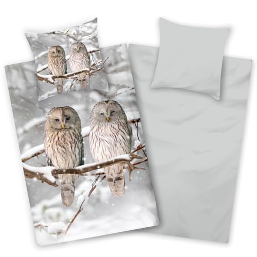 Aminata kids Juego de ropa de cama de franela de algodón, 135 x 200 cm, diseño de animales, cremallera cálida y acogedora, juego de ropa de cama de invierno reversible con paisaje invernal gris