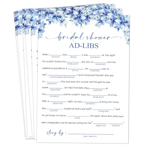 Image of Bridal Shower Ad-libs Games, 25 Blue Floral Bridal Shower Game Cards Set, Engagement Party Game for Guests, Wedding Games for Reception, Minimalist Marriage Party Supplies-13