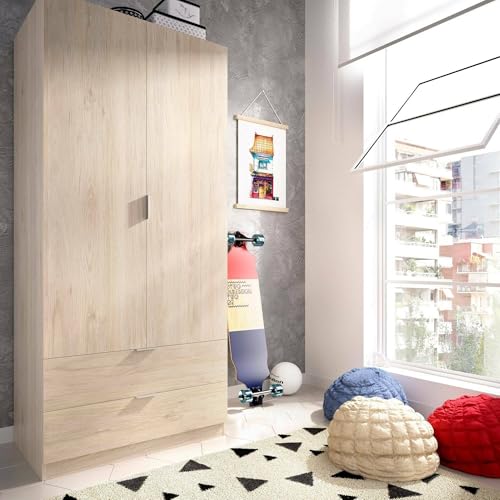 Dmora - Guardaroba Pisanino, Mobile Appendiabiti per Camera da Letto, Armadio a 2 Ante battenti e 2 cassetti, 81x52h184 cm, Rovere