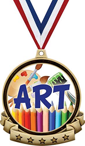 Art Medals - 2.5" Gold Artist Medal Award Includes Red White and Blue Neck Ribbon, Great Kids Art Awards Prime