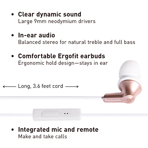 Image of Panasonic ErgoFit Wired Earbuds with Microphone,3.5mm Jack Headphones with Mic and Call Controller,Ergonomic Custom-Fit Earpieces (S /M /L),for Phones and Laptops-RP-TCM125-N (Rose Gold) (Pack of 10)