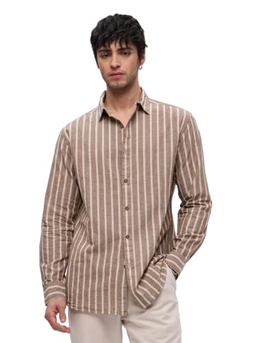 Image of The Souled Store Cotton Linen Stripes: Azure Men and Boys Long Sleeves Collared Neck Button Front Regular Fit Cotton Linen Shirts