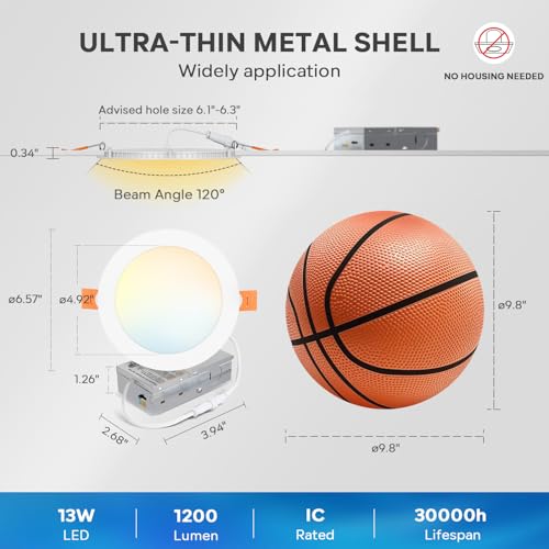 LVWIT 12 Pack Recessed Ceiling Light 6 inch, 1200LM High Brightness, 0-100% Dimmable Canless Wafer Downlight, Yellow to Day White 5 CCT Selectable by LVWIT - Used condition - Image 5