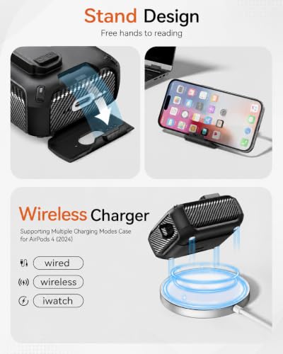 Image of for AirPods 4 Case with Lock (Black) | Compatible with MagSafe,with Phone Stand,with Automatic Snap Switch Carbon Fiber Design Protection Cover with Cleaning Pen