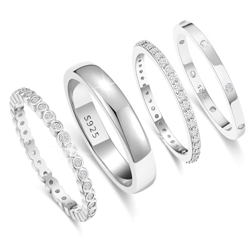 Image of MUCCA 4 Pcs Sterling Silver Ring Set for Women - 925 Sterling Silver Thumb Rings with Cubic Zirconia for Stacking and Exquisite Women's Jewellery Gifts