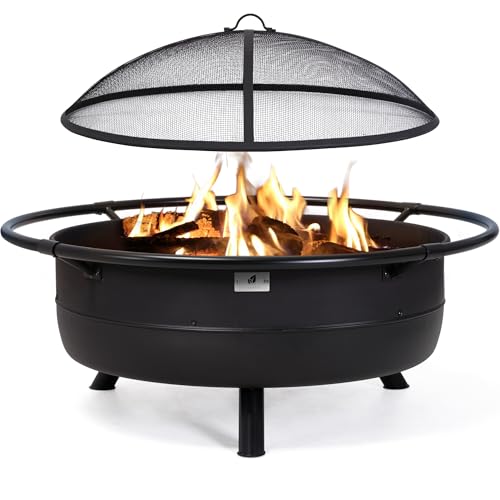 Image of SUNCREAT 42 inch Outdoor Portable Fire Pit with Spark Screen, Fire Poker, Wood Burning Patio Fire Pits with Protective Ring, Black