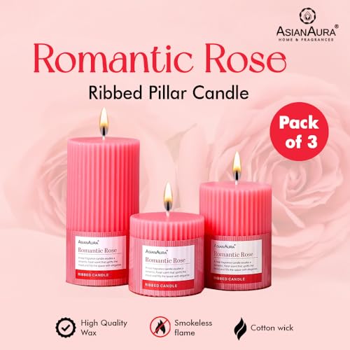 Image of ASIAN AURA Ribbed Pillar Candles - Pack of 3 | Scented Candles for Home Decor, Gifting & Festive Use | Long Burn time up to 36hrs | Clean-Burning Wax & Smokeless Flame (Romantic Rose)