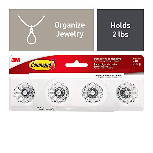 Command Crystal Knob Jewelry and Scarf Rack, 2-Pack of 1 Scarf Organizers with 4 Command Strips, Damage Free Bedroom and Cloest Organization for Accessories, Holds up to 2 lb