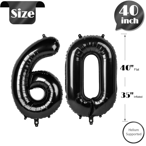 Image of Black Number 60 Balloon 40 Inch, 60th Birthday Party Decorations, Giant 60 Foil Balloon for Party Supplies