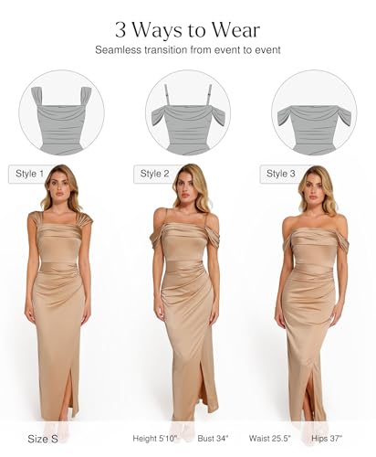 Image of Popilush Wedding Guest Dresses for Women Off Shoulder Shapewear Maxi | Multi-Way Wear, Built in Bra, Light Tummy Control, Ruched Satin Formal Cocktail Evening Bridesmaid Dress