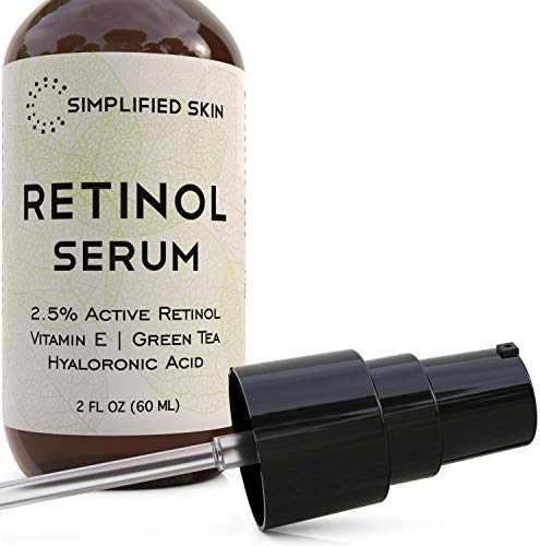Retinol-Serum-25-for-Face-Eyes-2-oz-with-Vitamin-A-E-Hyaluronic-Acid-Green-Tea-for-Anti-Aging-Fine-Lines-Wrinkles-Best-Brightening-Facial-Serum-for-Day-Night-use-by-Simplified-Skin Retinol Serum for Face & Eyes with Vitamin E, A, Hyaluronic Acid & Green Tea for Anti-Aging, Fine Lines & Wrinkles - 2.5% Retinol Facial Serum for Day & Night - 2 Oz
