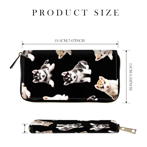 RFID-Blocking Zip Around Wallets for Women with Detachable Wrist Strap,Large Capacity Phone Holder with Card Organizer & Coin Pocket,Husky Puppies2