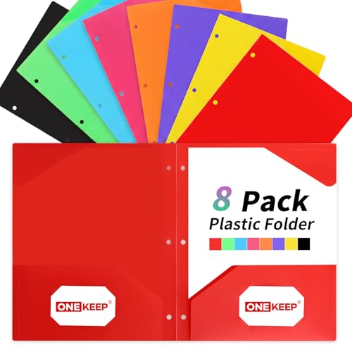 ONEKEEP 8 Pack Plastic Folders with Pockets 3 Hole Punched Assorted Colors