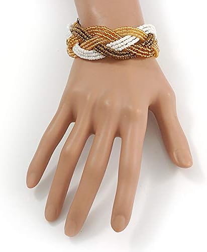Avalaya White/Gold/Bronze Coloured Glass Bead Plaited Bracelet - 19cm L - Large, white / ivory, gold, bronze - Image 3