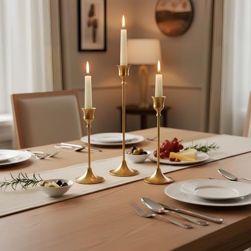 Luxvara Kerzenständer Stabkerzenhalter 3er Set, Metall Kerzenhalter Stab, Vintage Dekorativer Kerzenhalter, Kerzenleuchter Candle Holder für Party Hochzeit Deko Wohnkultur, 23/20/17 cm (Gold) – Bild 6