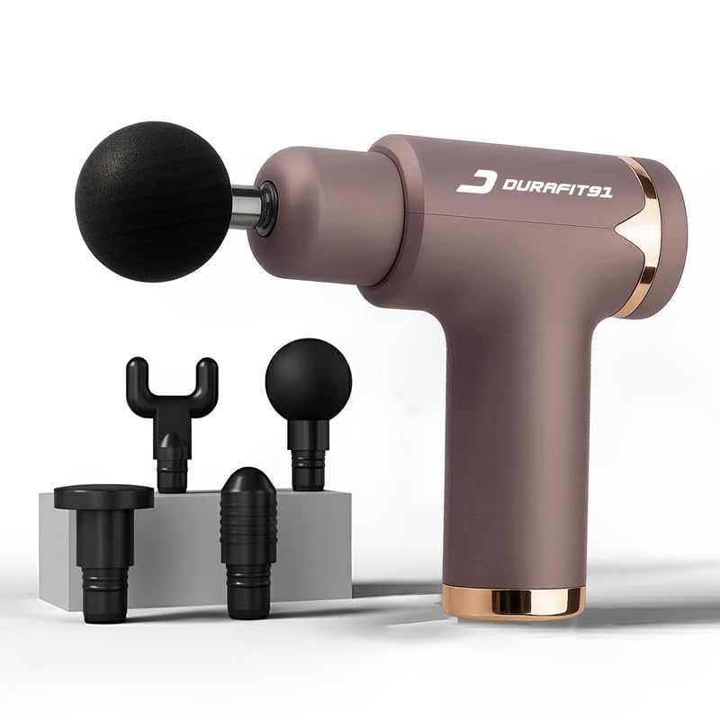 Durafit91™ PULSE PRO Handy Deep Tissue Massage Gun for Full-Body Pain Relief, Rechargeable and Cordless with Lithium Battery | 6 Speed Intensities (Low to High) | Includes 4 Interchangeable Massage Heads for Various Muscle Relaxation Needs (Neck, Shoulder, Back, and Foot) for Men and Women | Suitable for Use at Home, the Gym, and During Travel (Purple)