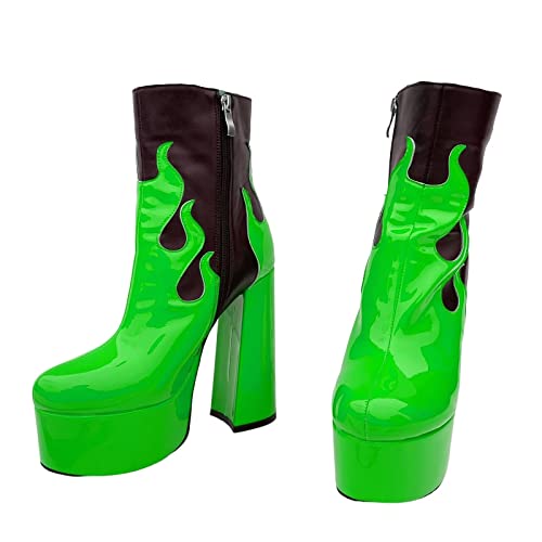 Frankie Hsu Women's Large Size Black Neon Green Patent Leather Flame Fire Sexy Platform Chunky Block High Heels Ankle Heeled Bootie Shoes4
