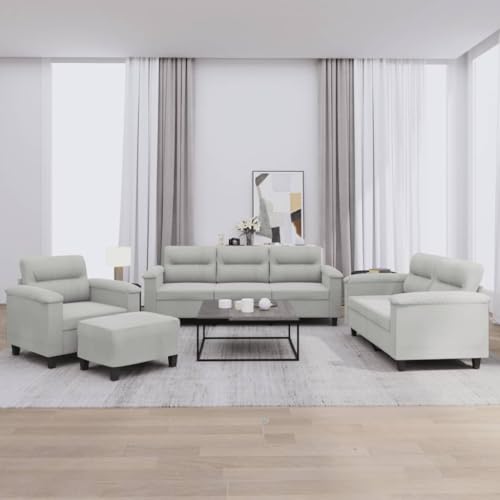 vidaXL Sofagarnitur 4-TLG., Sessel Couch mit Kissen Fußhocker, Sofa Wohnzimmersofa mit Armlehnen, Couchgarnitur Designsofa Sitzmöbel Polstermöbel, Hellgrau Mikrofasergewebe – Bild 3