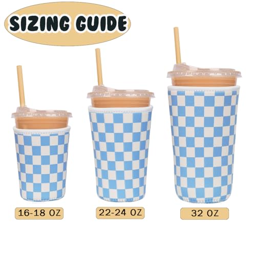 Image of Reusable Insulated Neoprene Iced Coffee Cup Sleeve, Durable Drink Sleeve for Cold Beverages, Beverage Holder for Iced Coffee (Blue Grid)