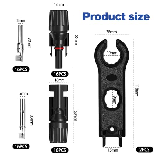BNGXR Solarstecker, 16 Paar PV Solar Stecker, Männlich/Weiblich Solarpanel Kabelstecker, IP67 Wasserdicht Solar Verbinder Photovoltaik Steckverbinder für 2.5/4/6 mm², Mit 2pcs Schraubenschlüssel