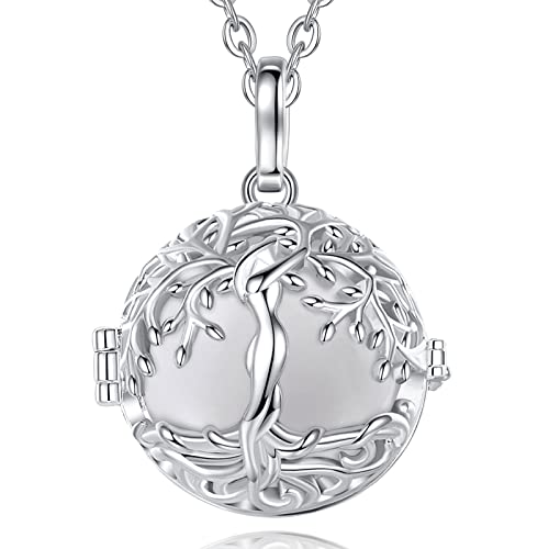 CELESTIA El Llamador de Angeles Embarazada Collar en Colgante Arbol de la Vida Medallón Chapado en Plata con Cadena Largo 114cm, Regalo Embarazada