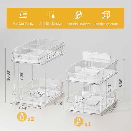 Image of Delamu 2-Tier Under Sink Organizers and Storage, Multi-Purpose Stackable Bathroom Cabinet organizers, Pull Out Kitchen Pantry Organization and Storage with Dividers(3 Pack, Clear)
