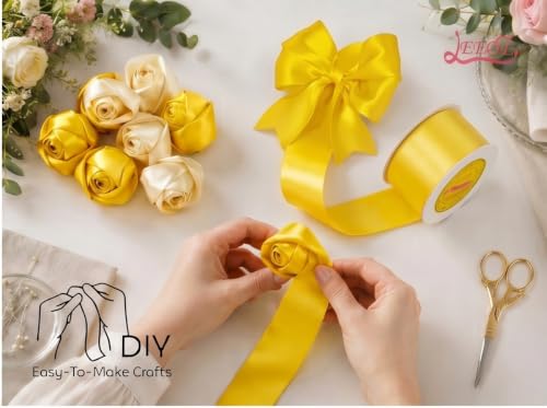 Image of Double Face Yellow Satin Ribbon 1-1 /2 inch X 25 Yards Polyester Yellow Ribbon for Gift Wrapping Very Suitable for Weddings Party Hair Bow Invitation Decorations and More
