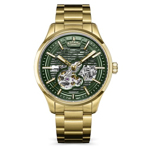 Rotary Greenwich Skeleton - Reloj automático de pulsera de acero inoxidable chapado en oro, resistente al agua hasta 100 m, esfera verde, para hombre