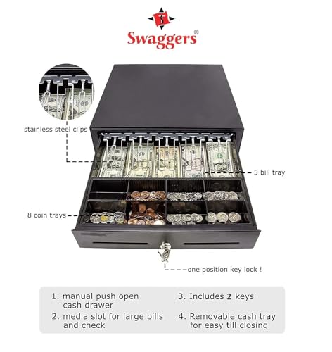 Image of swaggers Metal Cash Drawer For Point of Sale (POS) System with Removable Coin Cash Tray, 5 Bills /8 Coins slots Drawer with RJ11 Interface Key Lock | Black Colour