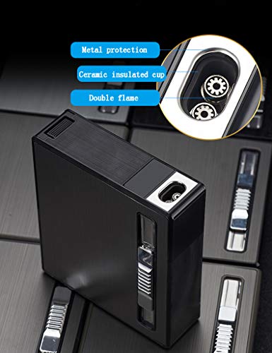 Cigarette Case Module With Windproof Lighter For Whole Package Cigarettes 20Pcs,Torch Lighter Dual Jet Flame Refillable Butane Lighter,Protable Cigarettes Case Box,Gas Not Included (Black) #TOP2