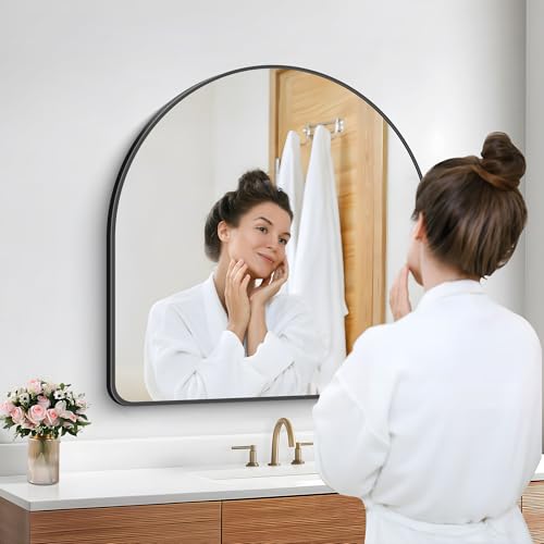 Image of FORBATH Arched Bathroom Mirror 30x30 Inch, Bathroom Mirror Wall Mounted Modern Black Aluminum Frame Decor Dresser Mirror for Bedroom Living Room Entryway, Hanging or Leaning Against Wall