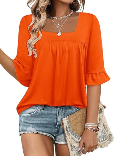 Bulotus 3/4 Ruffle Sleeve Tops for Women Square Neck Loose Fit Tunic Tops Dressy Casual