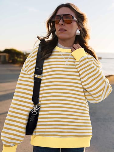 Image of PRETTYGARDEN Womens Striped Oversized Sweatshirt Color Block Crew Neck Long Sleeve Casual Loose Pullover Top Y2K Clothes