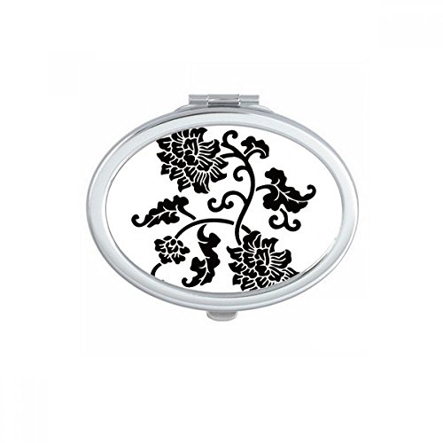 Miroir de maquillage compact portable ovale avec décor plante noir